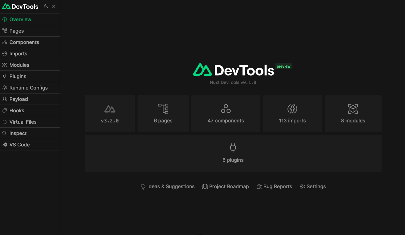 [Nuxt devtools welcome screen]