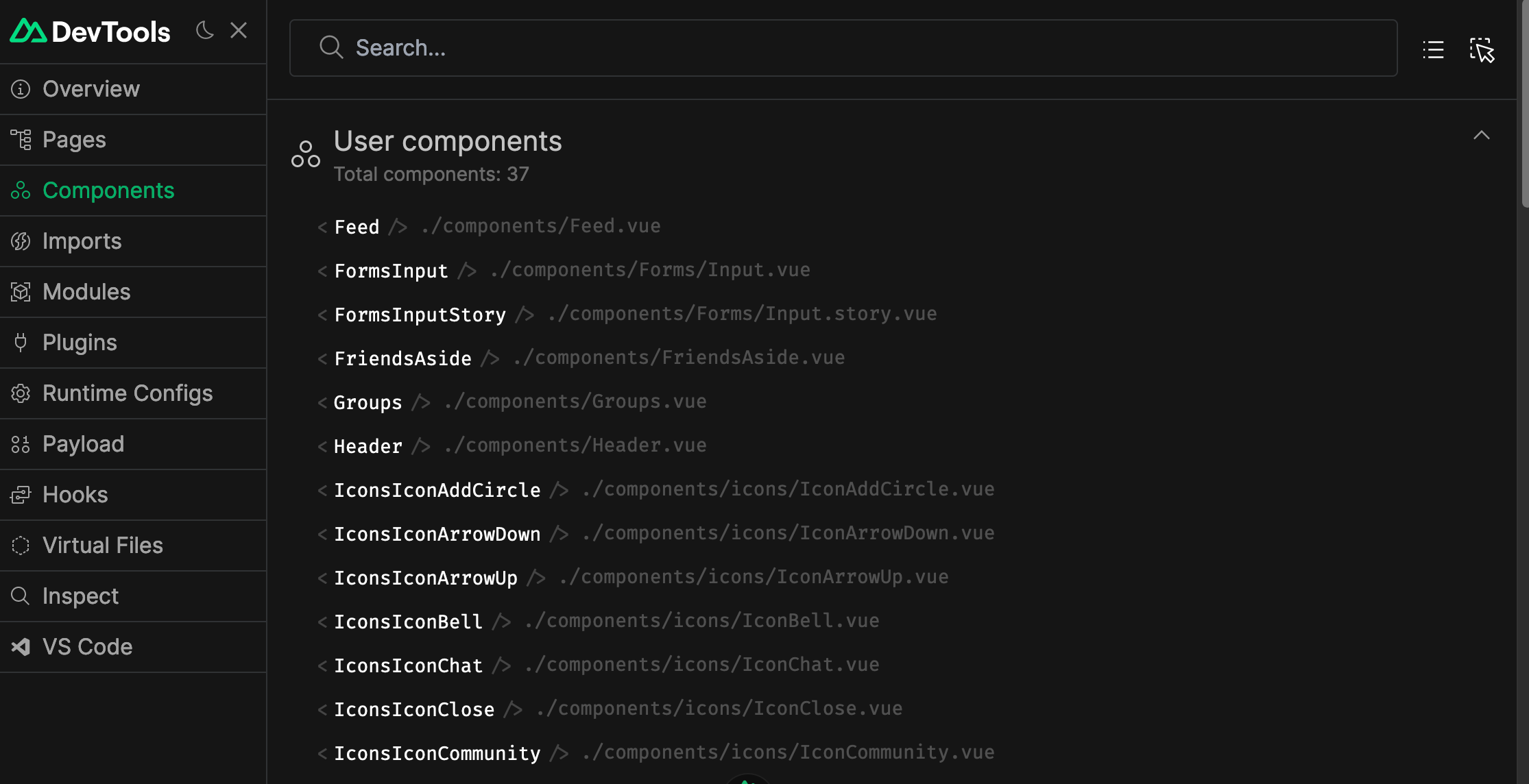 [Nuxt devtools components screen]