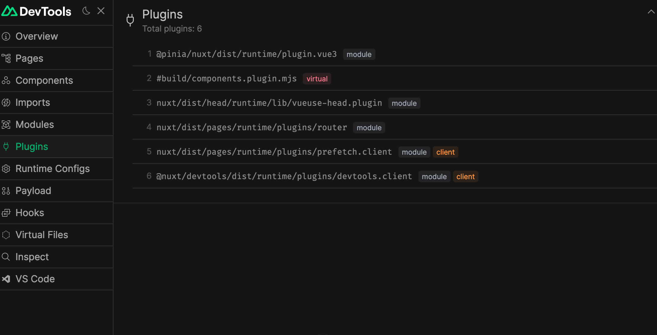 [Nuxt devtools plugins screen]